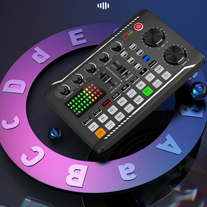 Portabelt ljudkort för livestreaming, kompakt design, lätta kontroller, professionell ljudkvalitet för kreatörer.