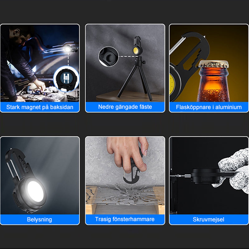 "Portabel mini LED ficklampa, kompakt design, i aluminium med stark belysning, idealisk för utomhusäventyr."