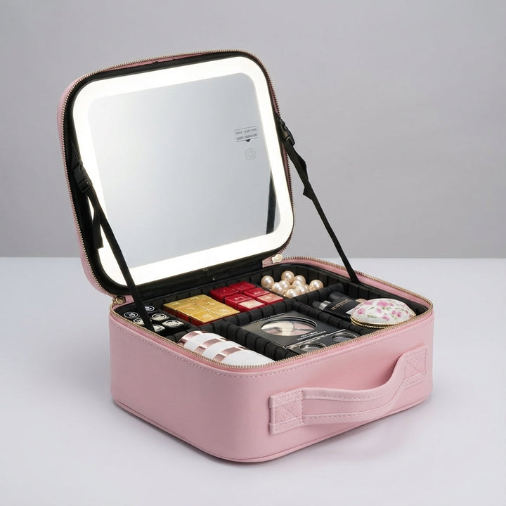 Resevänlig sminkstation med justerbar LED-belyst spegel. Perfekt för makeup, var du än är.