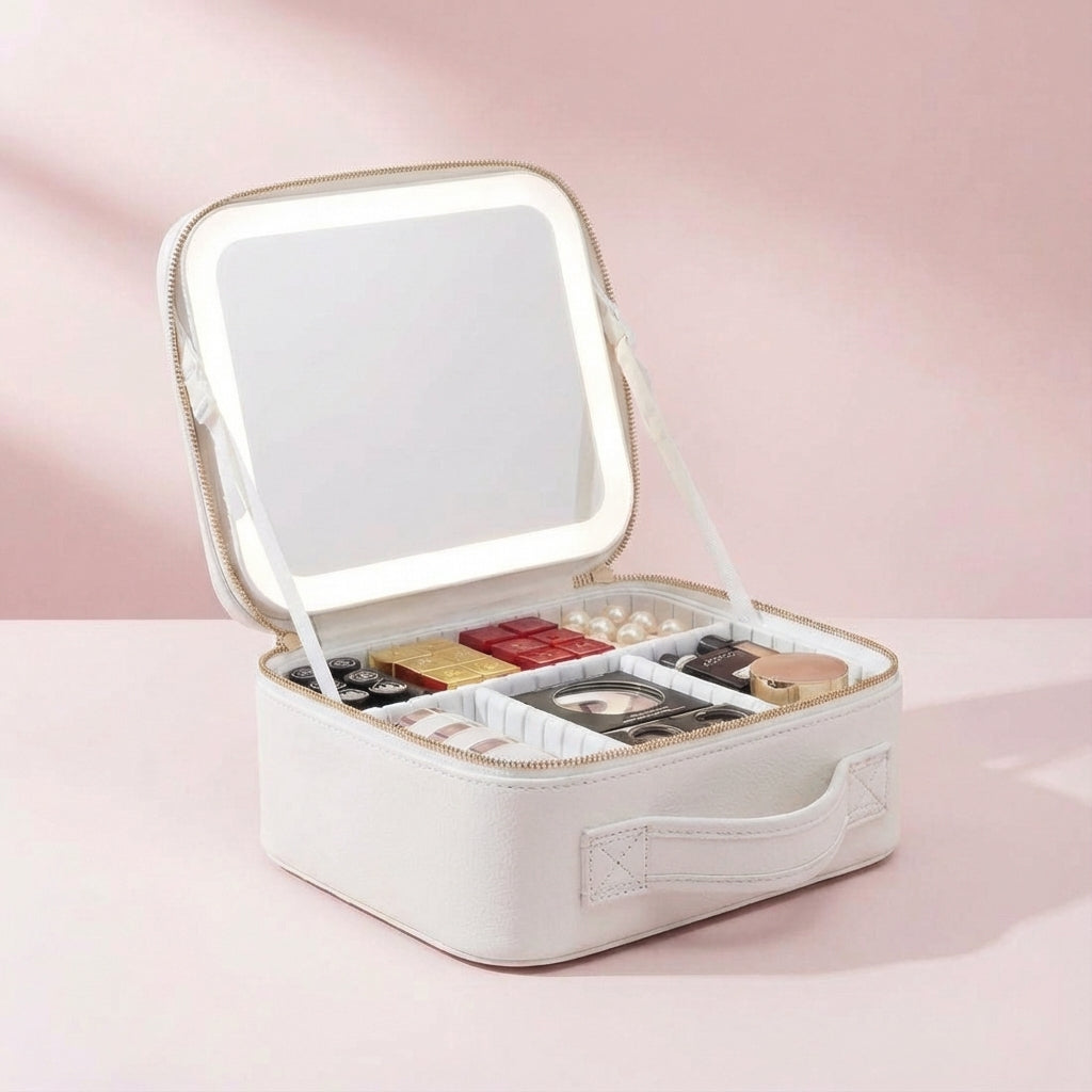 Svart portabel sminkstation med belyst LED-spegel & förvaring. För perfekt makeup på resan.