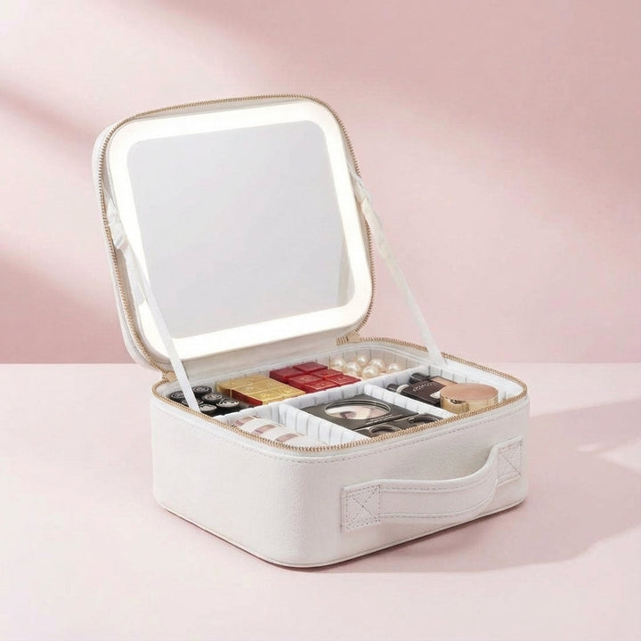 Svart portabel sminkstation med belyst LED-spegel & förvaring. För perfekt makeup på resan.