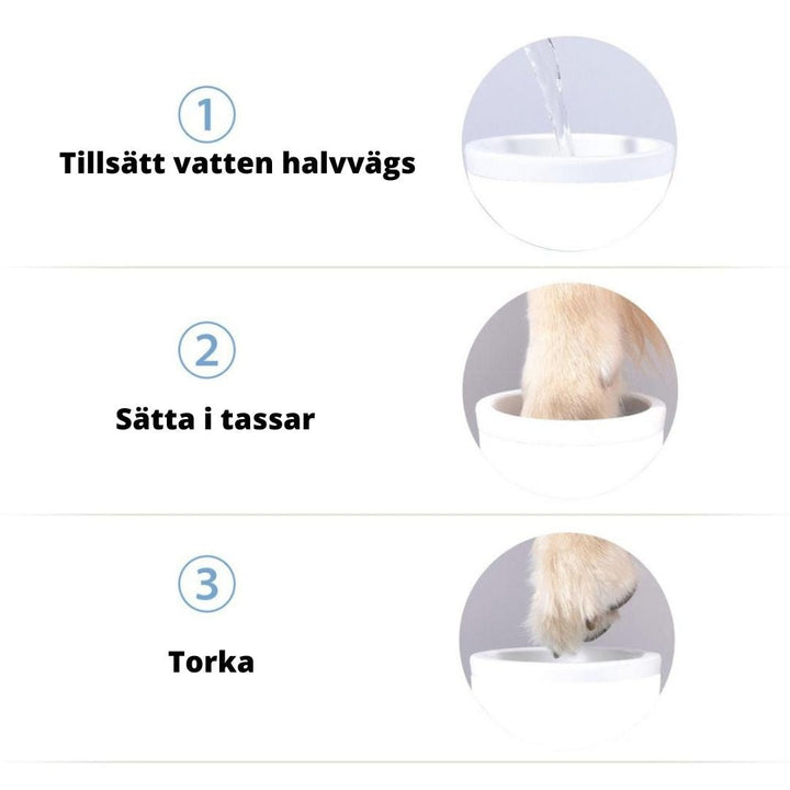 Snabb tassvård för husdjur. Portabel rengörare mot smutsiga hund- & katttassar efter promenaden.