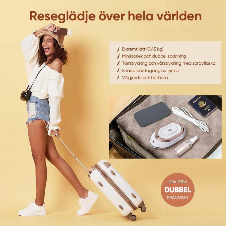 "Portabelt resestrykjärn, dubbla spänningar, kompakt design. Lätt, idealiskt för alla tyger och resor."