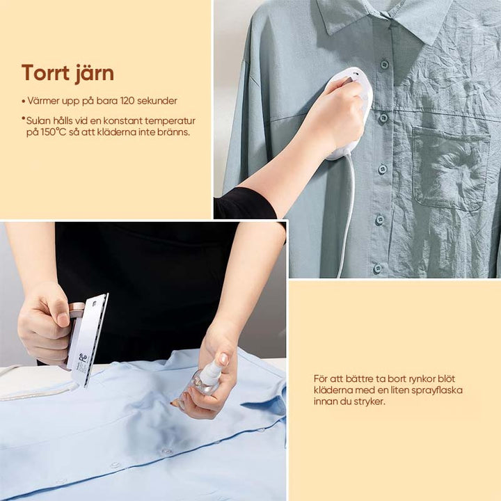 "Portabelt resestrykjärn, dubbla spänningar, kompakt design. Lätt, idealiskt för alla tyger och resor."