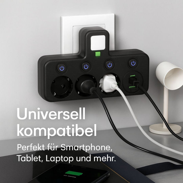 Grenuttag anslutet till väggen med inkopplade kablar och mobiler