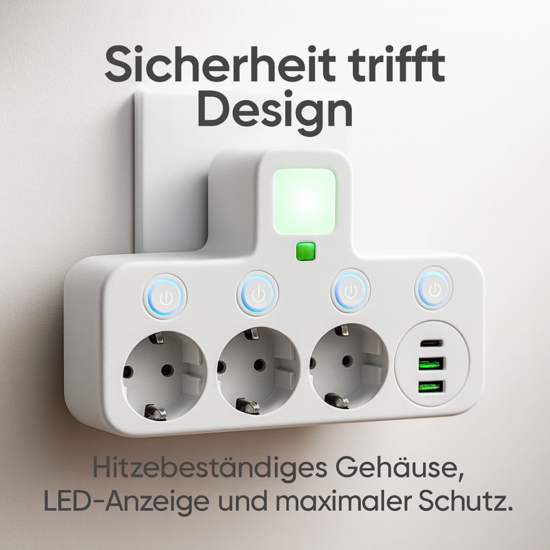 Vit multigrenuttag med USB-laddare placerad på ett skrivbord