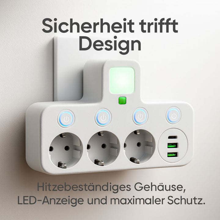 Vit multigrenuttag med USB-laddare placerad på ett skrivbord