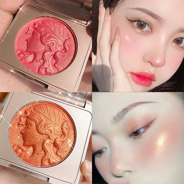 Präglad puderrougepalett med naturlig glöd, elegant design, subtil skimmer och nyanser rosa till apelsin för alla hudtoner.