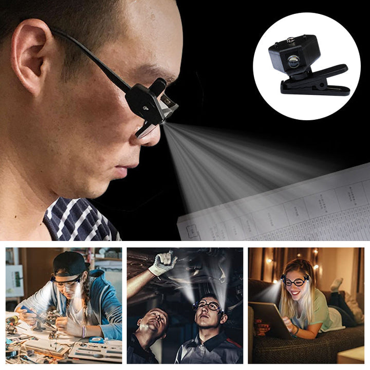 Praktisk clip-on LED-lampa för glasögon, kompakt och roterbar design, perfekt för läsning och belysning i alla miljöer.