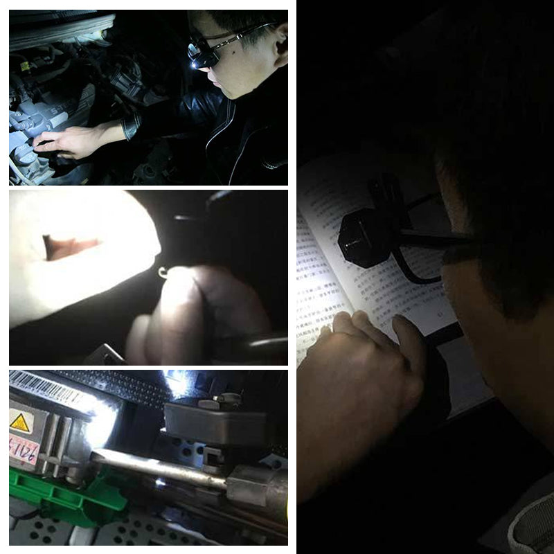 Praktisk clip-on LED-lampa för glasögon, kompakt och roterbar design, perfekt för läsning och belysning i alla miljöer.