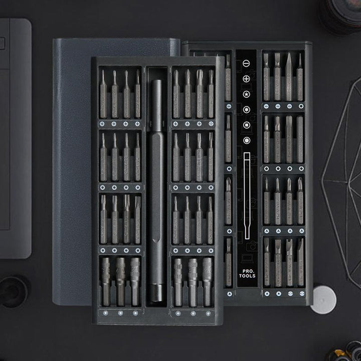 "Precisionsskruvmejselkit för elektronik med 63 delar i aluminiumlåda, enkel hantering och hållbar CR-V stålbitar."