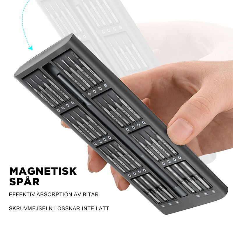 "Precisionsskruvmejselkit för elektronik med 63 delar i aluminiumlåda, enkel hantering och hållbar CR-V stålbitar."