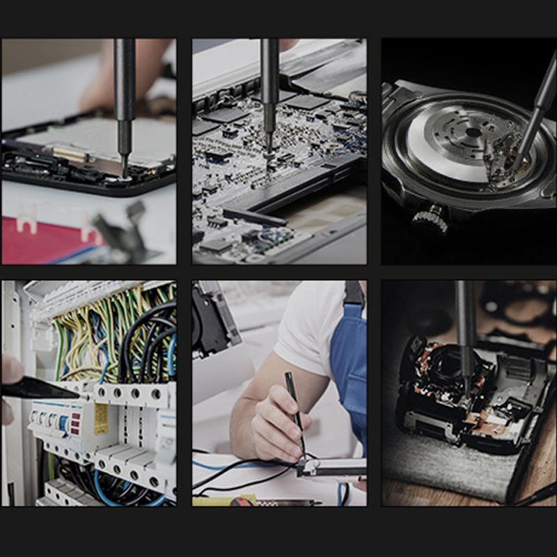"Precisionsskruvmejselkit för elektronik med 63 delar i aluminiumlåda, enkel hantering och hållbar CR-V stålbitar."