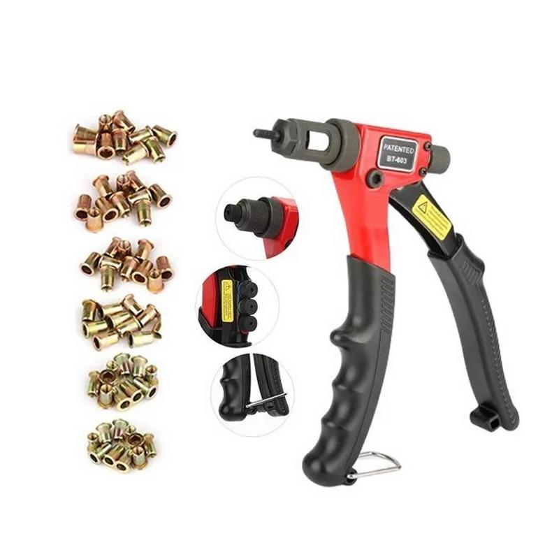 Premium automatisk nitverktygssats i svart stål, ergonomiska handtag, perfekt för bilpaneler och möbler.