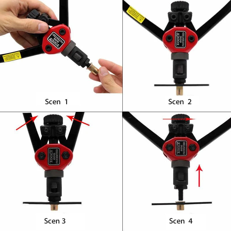 Premium automatisk nitverktygssats i svart stål, ergonomiska handtag, perfekt för bilpaneler och möbler.