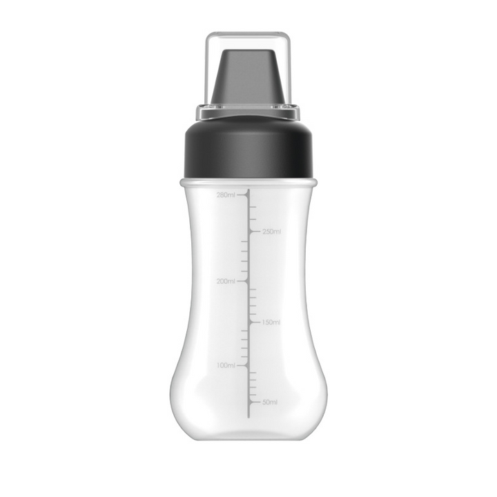 "Pressflaska för såser i köket, 350 ml, femhålsdesign, svart, vit och röd, jämn dosering, BPA-fri, matlagning."