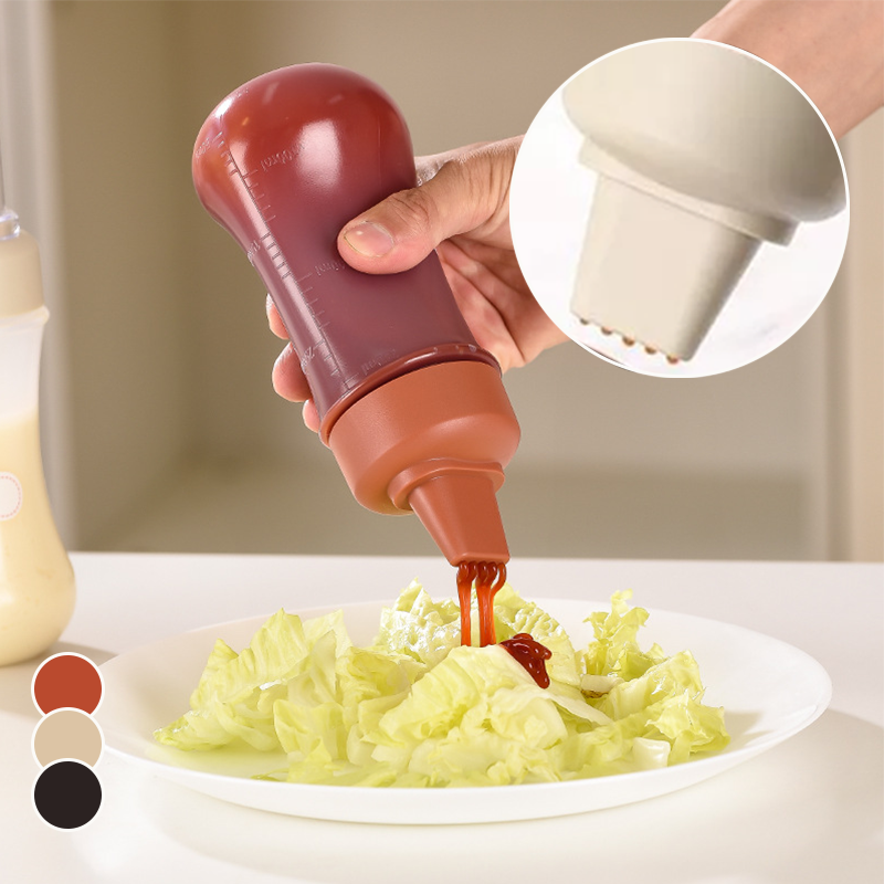 "Pressflaska för såser i köket, 350 ml, femhålsdesign, svart, vit och röd, jämn dosering, BPA-fri, matlagning."