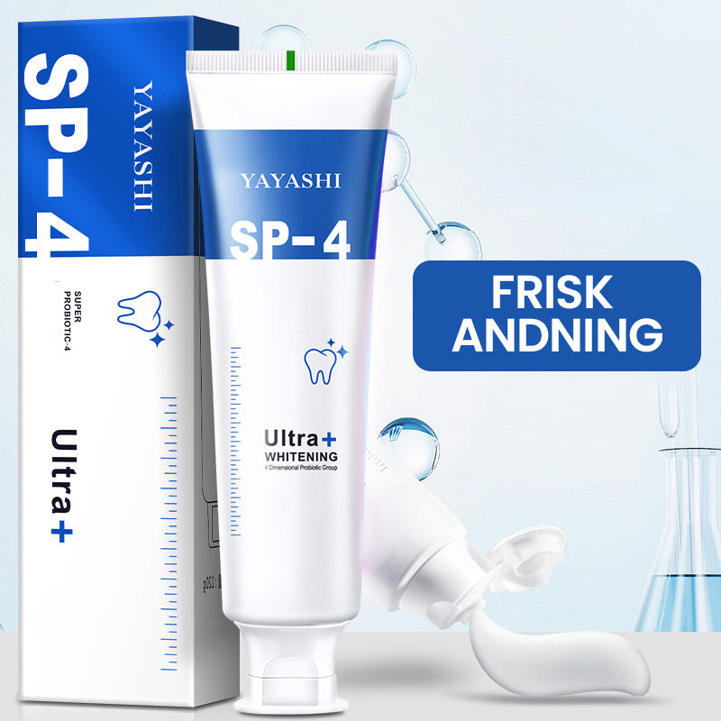 "Probiotisk tandkräm i vit tub, främjar blekning och tandhälsa, effektiv mot plack och ger fräsch andedräkt."