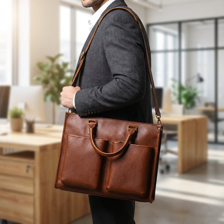 Professionell brun affärsportfölj i läder för laptop, unisex. Elegant kontorsväska med gott om utrymme.