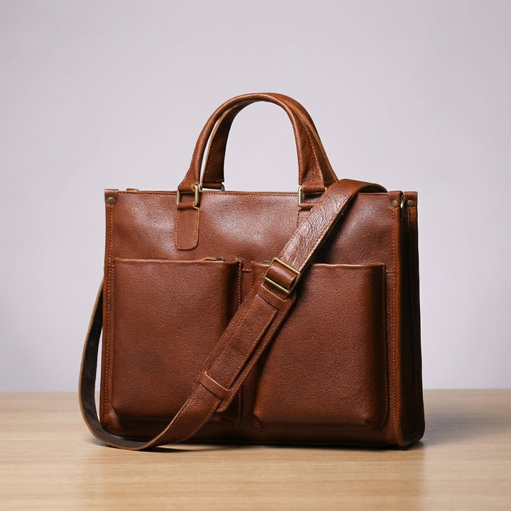 Elegant mörkbrun unisex affärsportfölj med fack för laptop. Perfekt för jobbresor och organiserat kontorsarbete.