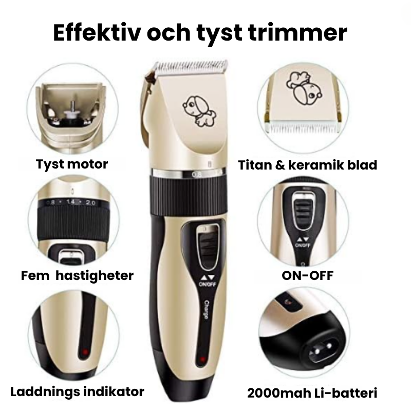 Sladdlös djurtrimmer för tyst och stressfri pälsvård. Uppladdningsbar hundklippare för professionell trimning.