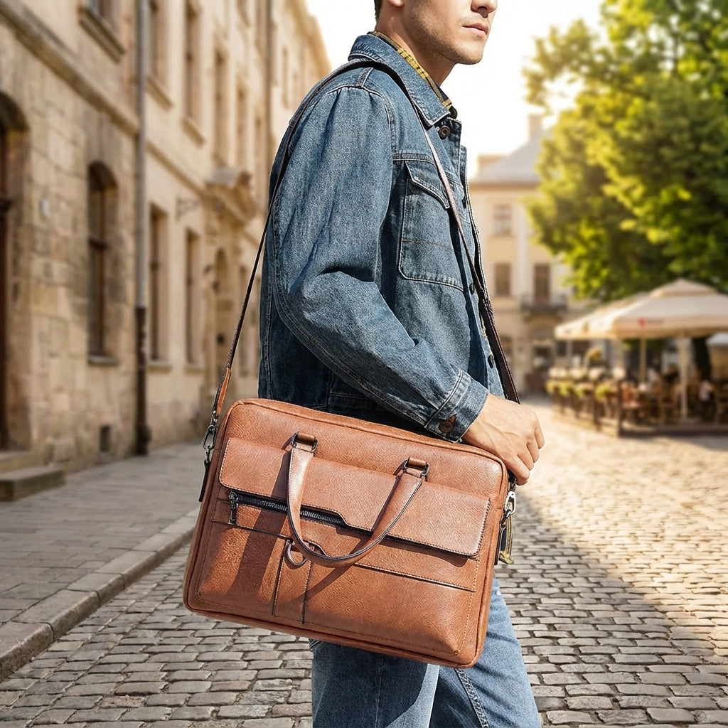 Professionell laptopväska MetroBrief i svart PU-läder med justerbar axelrem. Idealisk för jobb och business.