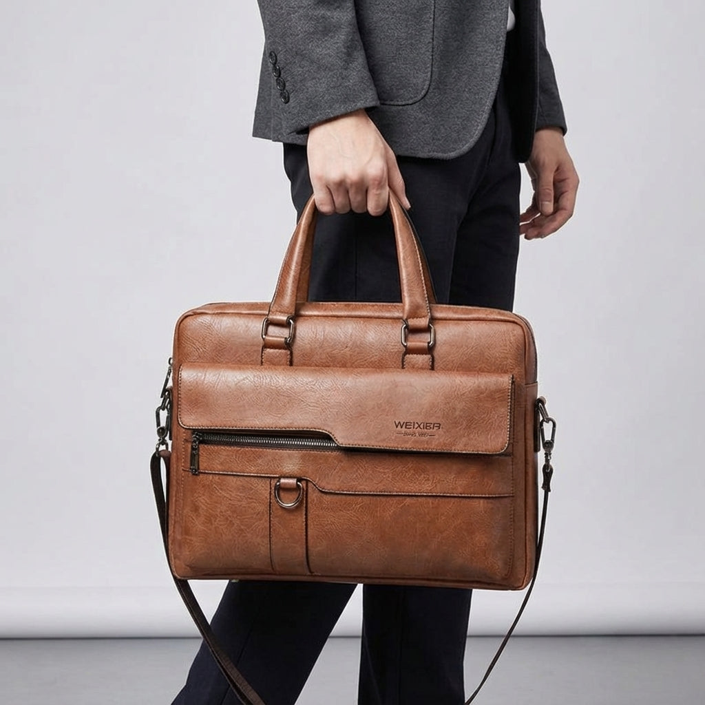 Mångsidig svart laptopväska, MetroBrief. Elegant portfölj och arbetsväska i PU-läder med axelrem.