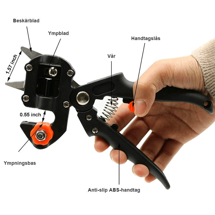 "Professionell sekatör för trädgårdsbeskärning, ergonomiska handtag, utbytbara blad för enkel grenklippning upp till 1,4 cm."
