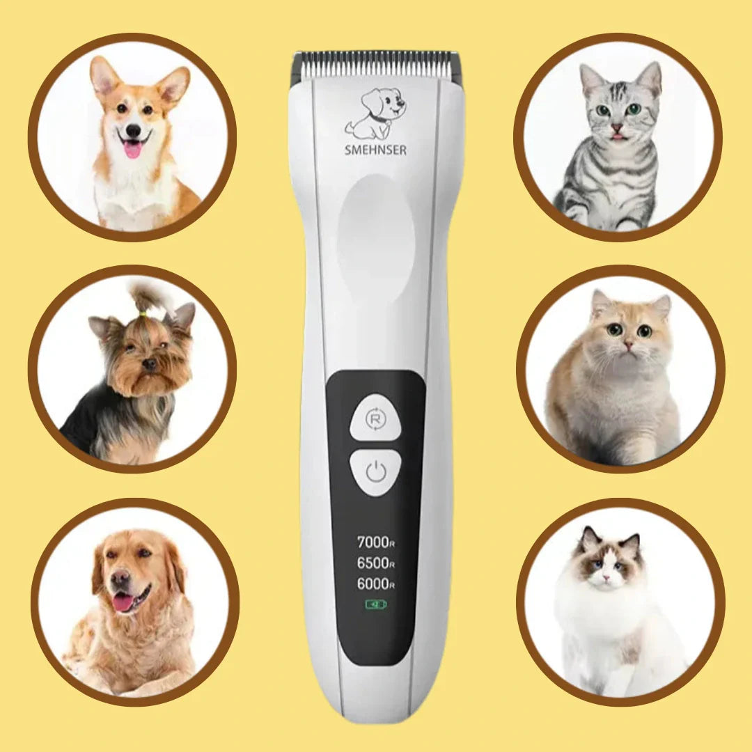 Sladdlös tystgående hundtrimmer med keramiska blad för effektiv och skonsam pälsvård av husdjur.