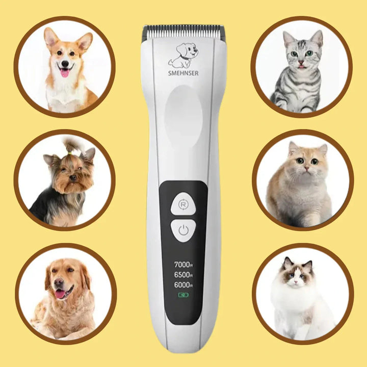 Sladdlös tystgående hundtrimmer med keramiska blad för effektiv och skonsam pälsvård av husdjur.