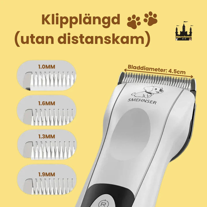 Ergonomisk vit djurtrimmer för enkel grooming. Tystgående motor för stressfri hund- och kattvård.