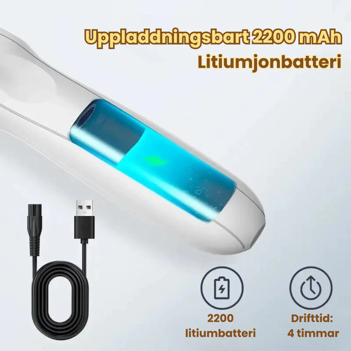 Modern vit djurtrimmer för husdjur. Sladdlös elektrisk trimmer med keramiska blad för skonsam pälsvård.