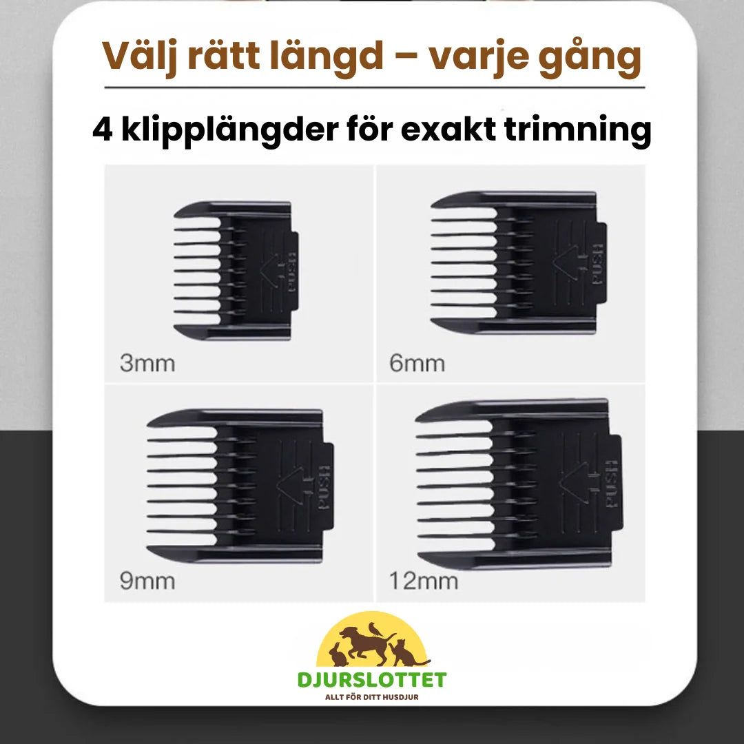Husdjursvård kit med tystgående hundtrimmer, klosax & kammar för skonsam pälsbehandling.