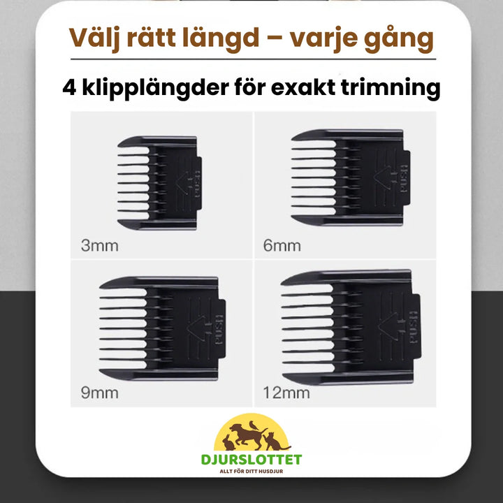 Husdjursvård kit med tystgående hundtrimmer, klosax & kammar för skonsam pälsbehandling.