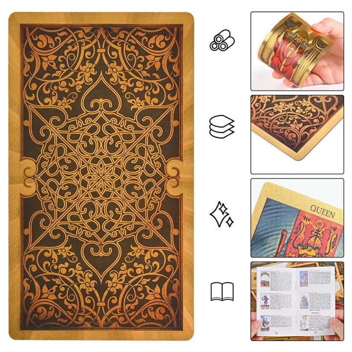 "PVC guld tarotkort i elegant guld-folie med matt guldfolietryck, perfekt för alla tarotläsare."