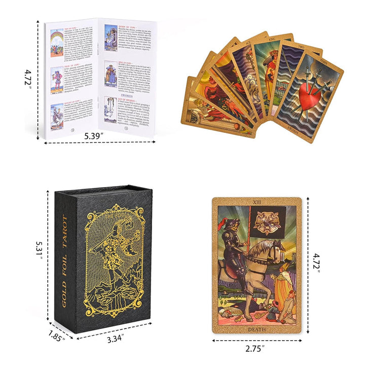 "PVC guld tarotkort i elegant guld-folie med matt guldfolietryck, perfekt för alla tarotläsare."