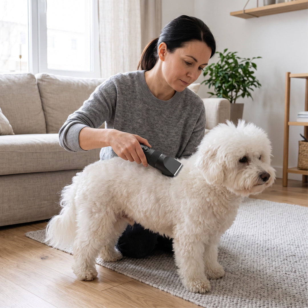 Kvinna som trimmar vit hund med sladdlös hundtrimmer