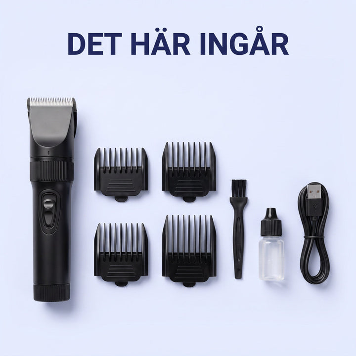 Detta ingår: trimmer, fyra avståndskammar, borste, olja och USB-kabel