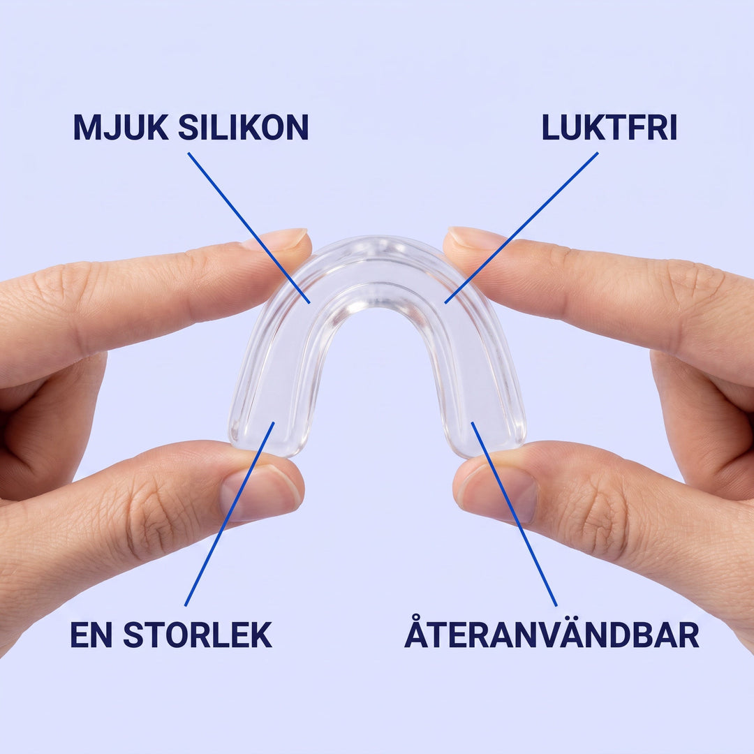 Närbild på fingrar som håller den mjuka bettskenan i silikon