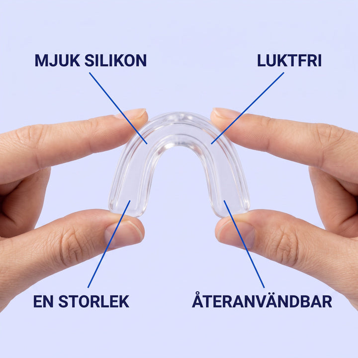 Närbild på fingrar som håller den mjuka bettskenan i silikon
