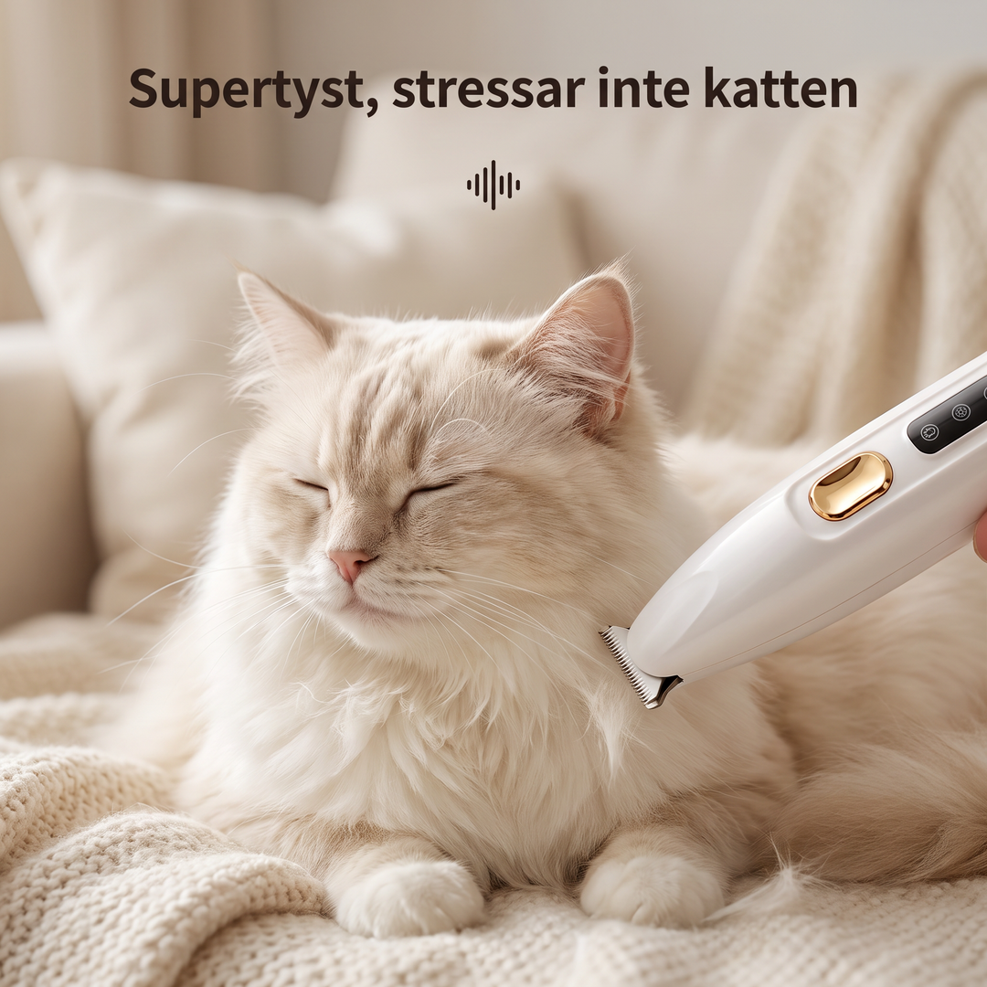 En långhårig katt som sitter lugnt medan Zvarelo KattTrimmer används