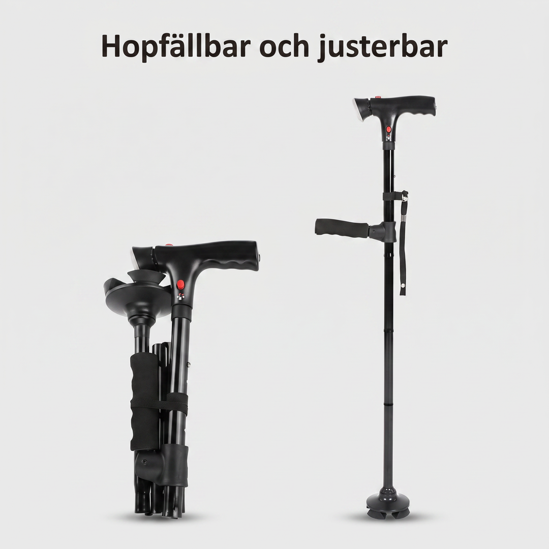 Hopfällbar käpp med LED-lampa i hopfällt och uppfällt läge
