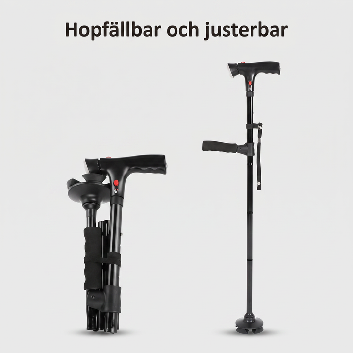 Hopfällbar käpp med LED-lampa i hopfällt och uppfällt läge