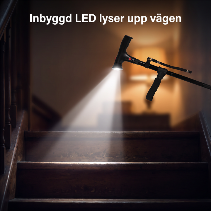Hopfällbar käpp med ergonomiskt stödhandtag för ökad trygghet vid promenader
