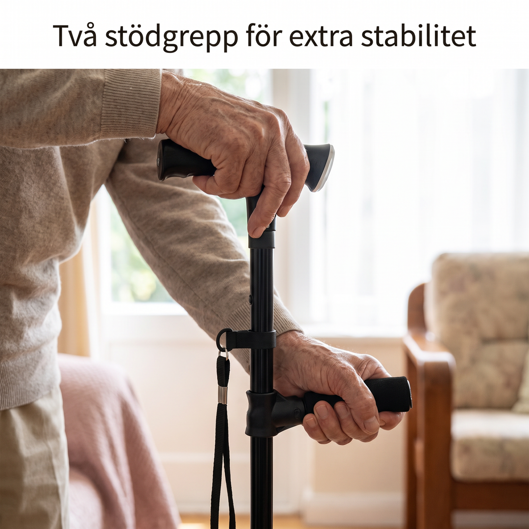 Smidigt hjälpmedel i form av en hopfällbar och stabil käpp för äldre
