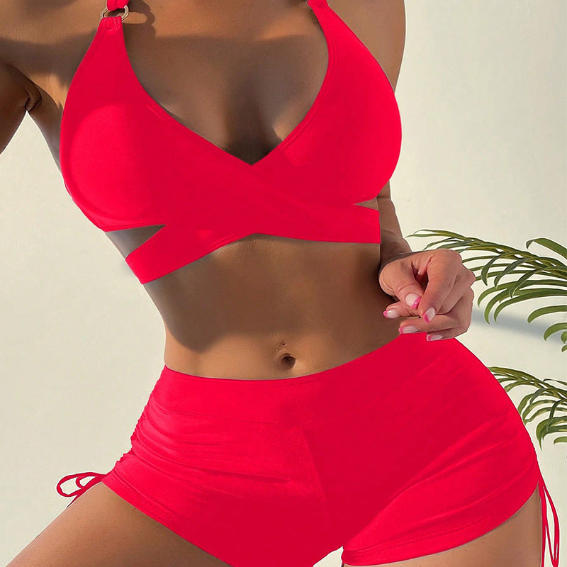 Röd sportbikini för dam med asymmetrisk topp, hög midja, perfekt för strand & pool.