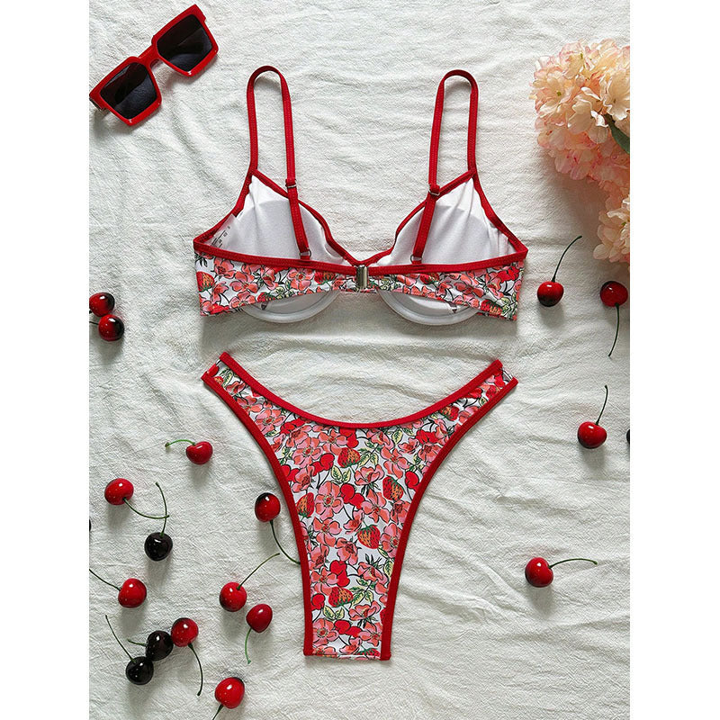 Dam triangelbikini-set med blommigt mönster och högt skuren nederdel. Snabbtorkande badkläder för soliga dagar.