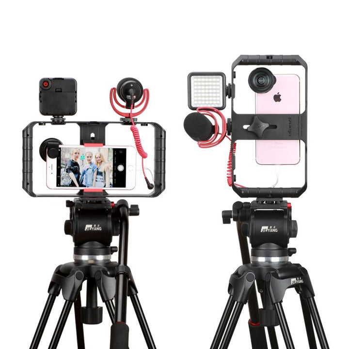 Smartphone videorigg monterad på professionellt stativ i stående och liggande läge