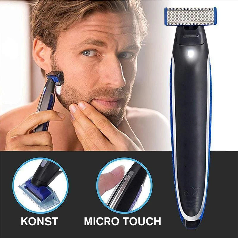 "Rakapparat för män med USB-laddning, kromfinish, dubbelsidigt blad, LED-ljus, perfekt för trimning och rakning."