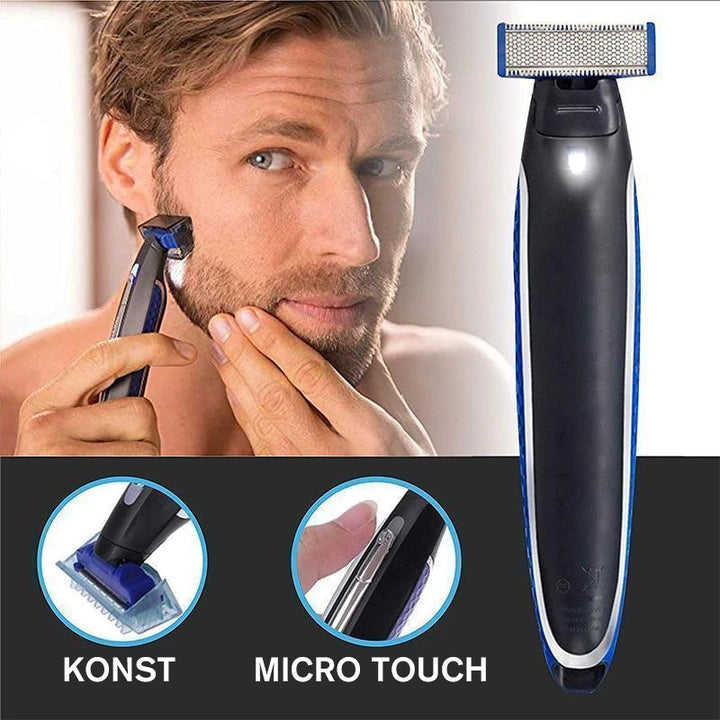 "Rakapparat för män med USB-laddning, kromfinish, dubbelsidigt blad, LED-ljus, perfekt för trimning och rakning."